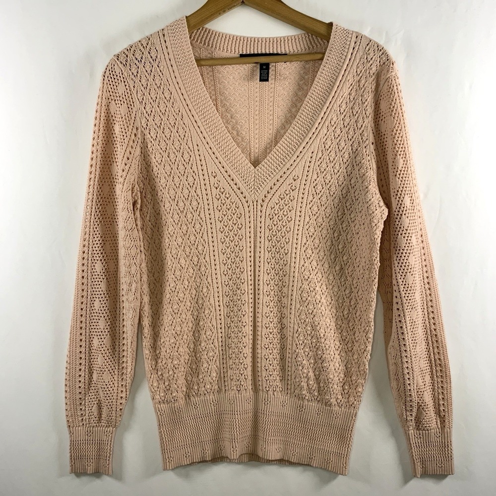 Womens Dainty Pointelle Pullover Sweater Medium Pink Parisian Preppy Ballet